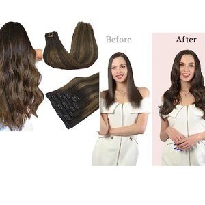 New Clip in Hair Extensions 100% Human Hair, 120g 7pcs Balayage Dark Brown Mixed